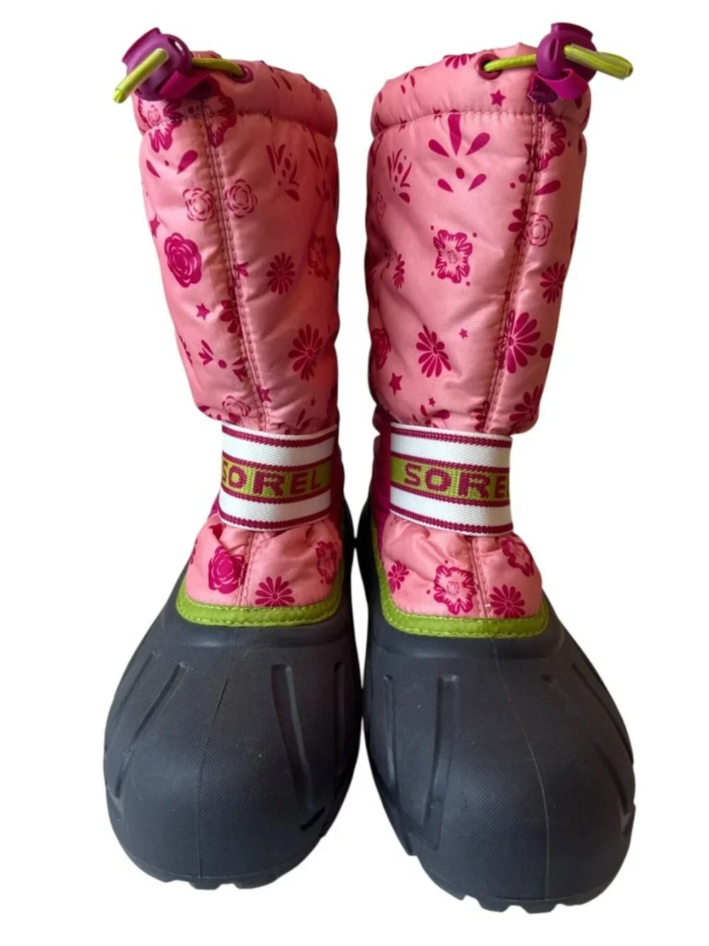Sorel Winter Boots Sz 7 Pink Floral Waterproof Insulated Cold Weather Adjustable